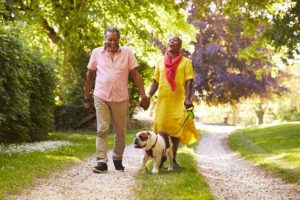 Black couple walking dog